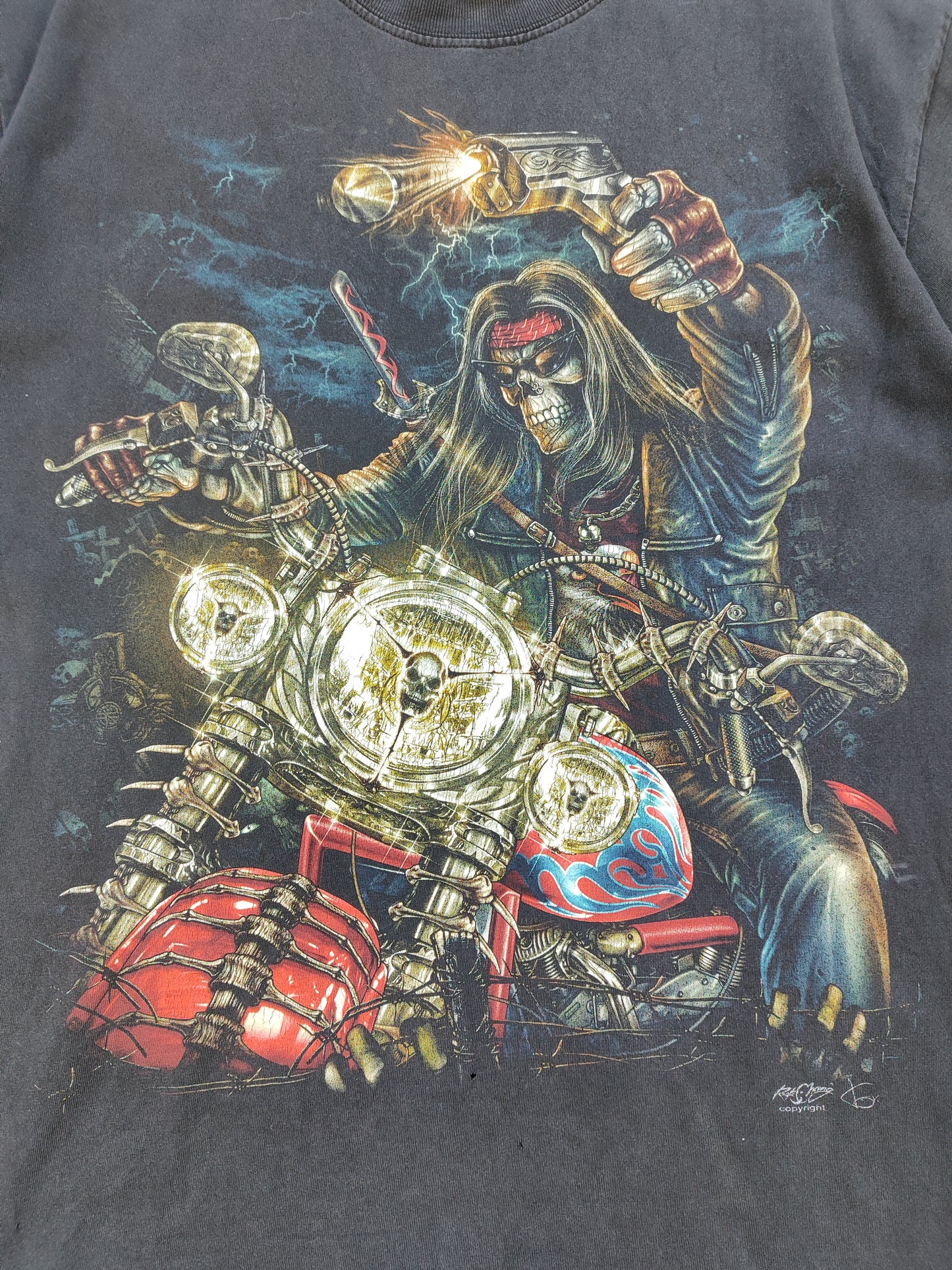 90s GRAPHIC SKULL T-SHIRT BIKER (L)